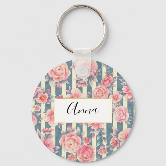 Pink Watercolor Flowers on Stripes Keychain (Front)
