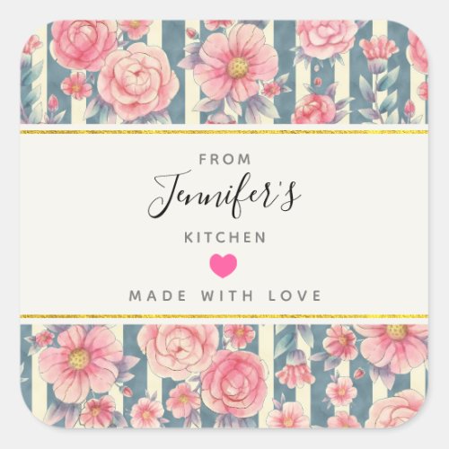 Pink Watercolor Flowers on Stripes Kitchen Square Sticker
