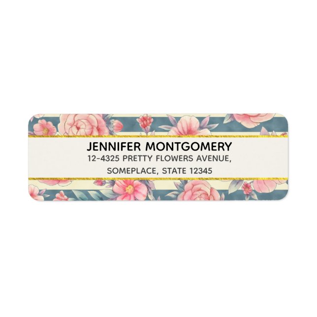 Pink Watercolor Flowers on Stripes Label (Front)