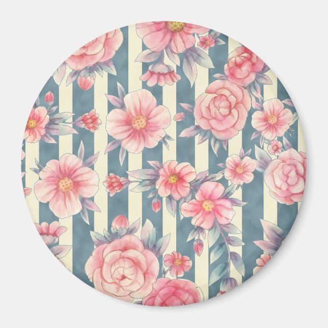 Pink Watercolor Flowers on Stripes Magnet (Front)