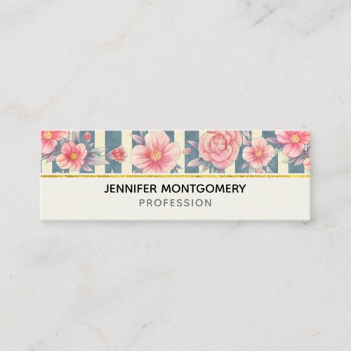 Pink Watercolor Flowers on Stripes Mini Business Card