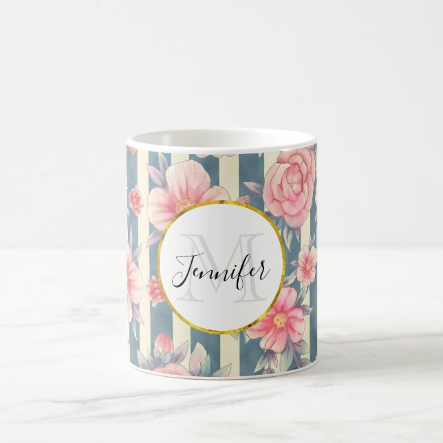 Pink Watercolor Flowers on Stripes Monogram Coffee Mug (Center)