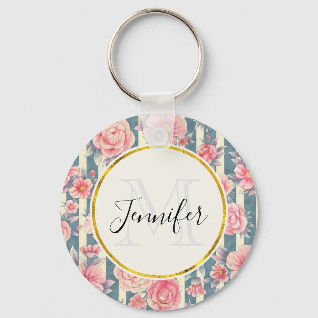 Pink Watercolor Flowers on Stripes Monogram Keychain (Front)