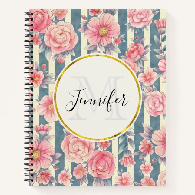 Pink Watercolor Flowers on Stripes Monogram Notebook (Front)