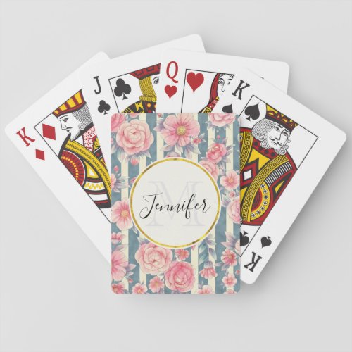 Pink Watercolor Flowers on Stripes Monogram Poker Cards