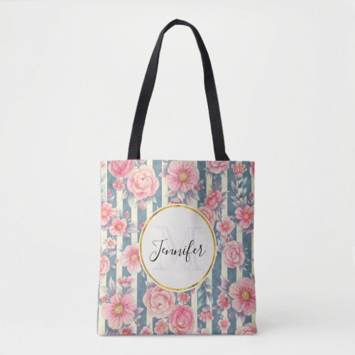 Pink Watercolor Flowers on Stripes Monogram Tote Bag