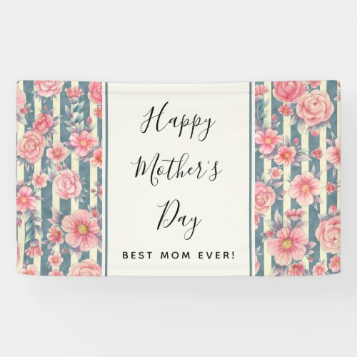 Pink Watercolor Flowers on Stripes Mothers Day Banner