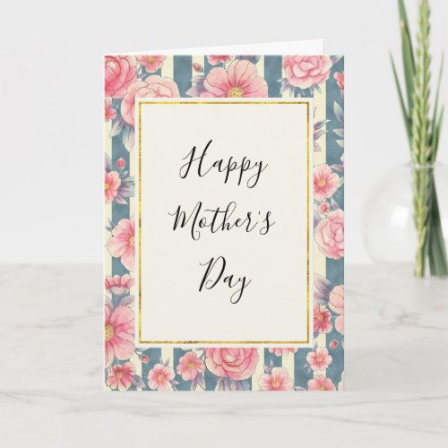 Pink Watercolor Flowers on Stripes Mothers Day Card