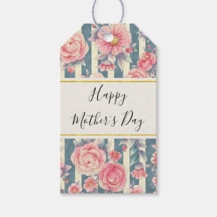 Pink Watercolor Flowers on Stripes Mother's Day Gift Tags