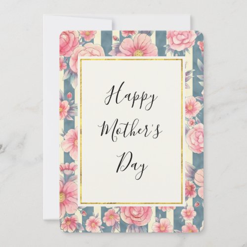 Pink Watercolor Flowers on Stripes Mothers Day Holiday Card