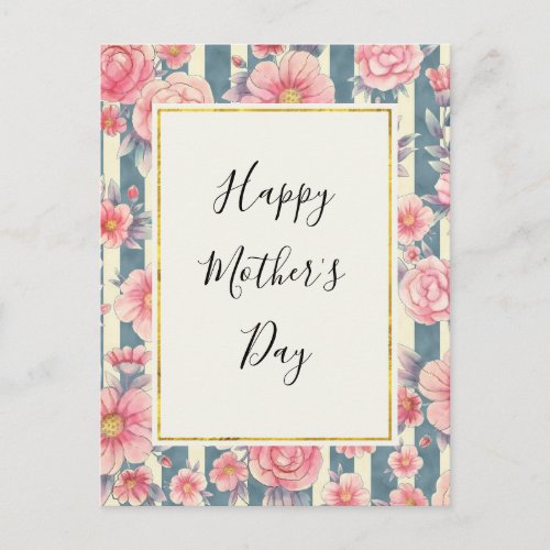 Pink Watercolor Flowers on Stripes Mothers Day Holiday Postcard