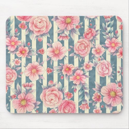 Pink Watercolor Flowers on Stripes Mouse Pad