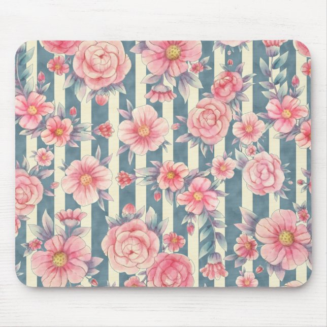 Pink Watercolor Flowers on Stripes Mouse Pad (Front)