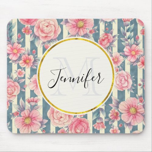 Pink Watercolor Flowers on Stripes Mousepad