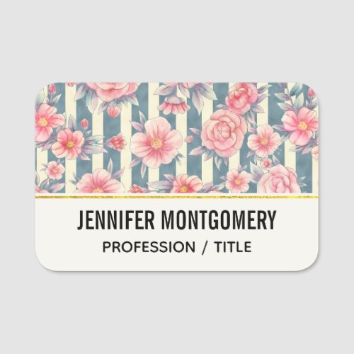 Pink Watercolor Flowers on Stripes Name Tag