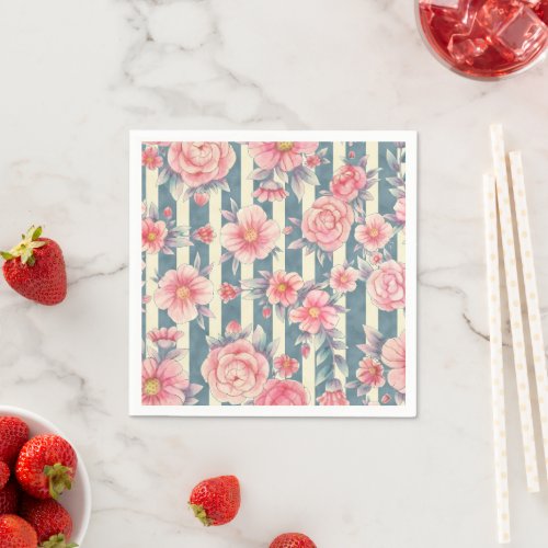 Pink Watercolor Flowers on Stripes Napkins