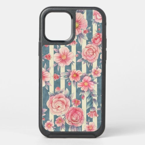 Pink Watercolor Flowers on Stripes OtterBox Symmetry iPhone 12 Case