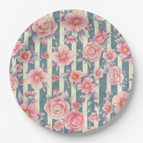 Pink Watercolor Flowers on Stripes Paper Plates