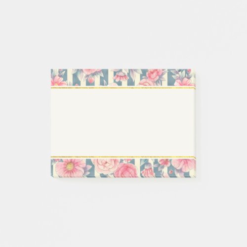 Pink Watercolor Flowers on Stripes Post_it Notes