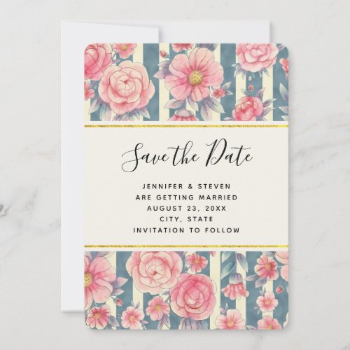  Pink Watercolor Flowers on Stripes Save the Date