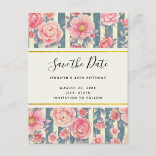 Pink Watercolor Flowers on Stripes Save the Date Invitation Postcard