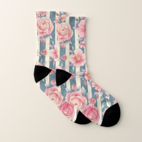 Pink Watercolor Flowers on Stripes Socks