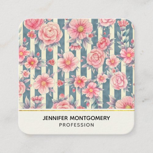  Pink Watercolor Flowers on Stripes Square Busines Square Business Card