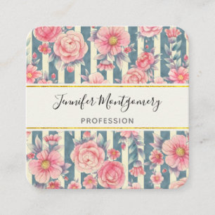 Pink Watercolor Flowers on Stripes Square Business Card