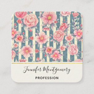 Pink Watercolor Flowers on Stripes Square Business Card