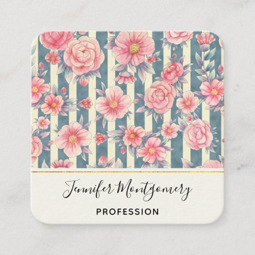  Pink Watercolor Flowers on Stripes Square Business Card
