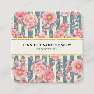 Pink Watercolor Flowers on Stripes Square Business Card
