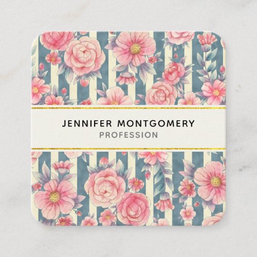Pink Watercolor Flowers on Stripes Square Business Card