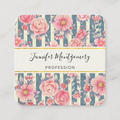 Pink Watercolor Flowers on Stripes Square Business Square Business Card