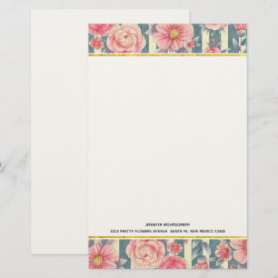 Pink Watercolor Flowers on Stripes Stationery