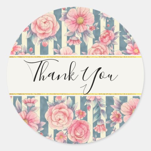 Pink Watercolor Flowers on Stripes Thank You Classic Round Sticker