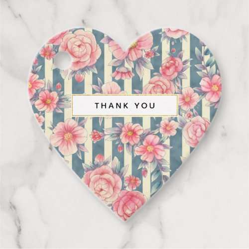 Pink Watercolor Flowers on Stripes Thank You Favor Tags