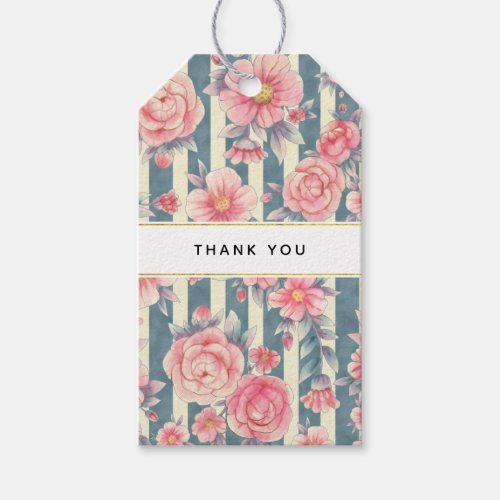 Pink Watercolor Flowers on Stripes Thank You Gift Tags