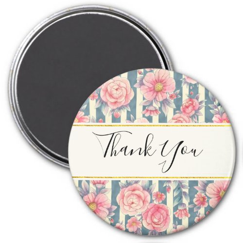 Pink Watercolor Flowers on Stripes Thank You Magnet