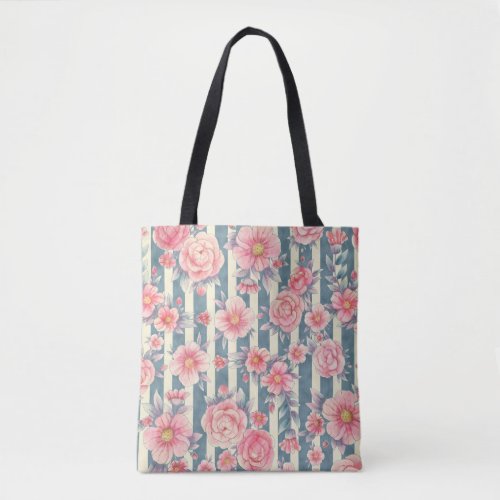 Pink Watercolor Flowers on Stripes Tote Bag