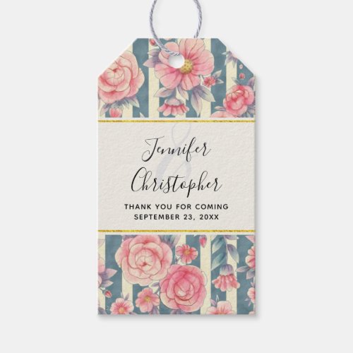 Pink Watercolor Flowers on Stripes Wedding Gift Tags