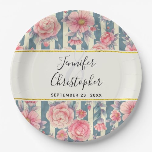 Pink Watercolor Flowers on Stripes Wedding Paper P Paper Plates