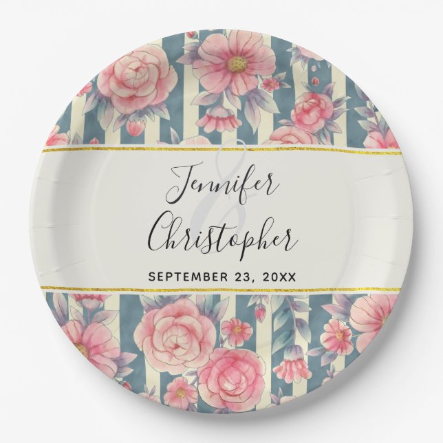 Pink Watercolor Flowers on Stripes Wedding Paper P Plates (Front)