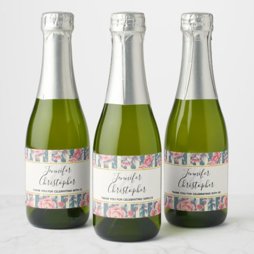 Pink Watercolor Flowers on Stripes Wedding Sparkling Wine Label