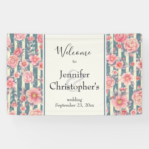 Pink Watercolor Flowers on Stripes Wedding Welcome Banner