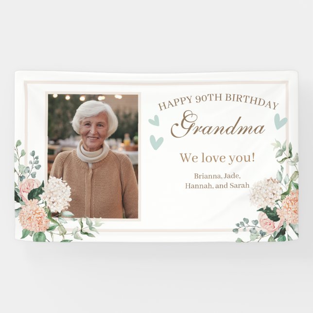 Pink Watercolor Flowers One Photo Birthday Banner (Horizontal)