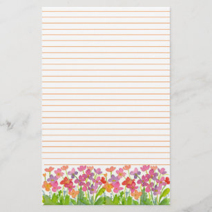 Pink Watercolor Flowers Orange Lined Stationery