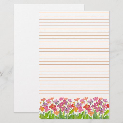 Pink Watercolor Flowers Orange Lined Stationery | Zazzle