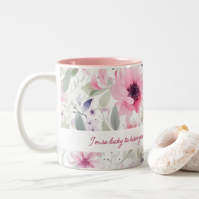 Pink Watercolor FLowers Pattern | Gift for Mom |   Two-Tone Coffee Mug (With Donut)