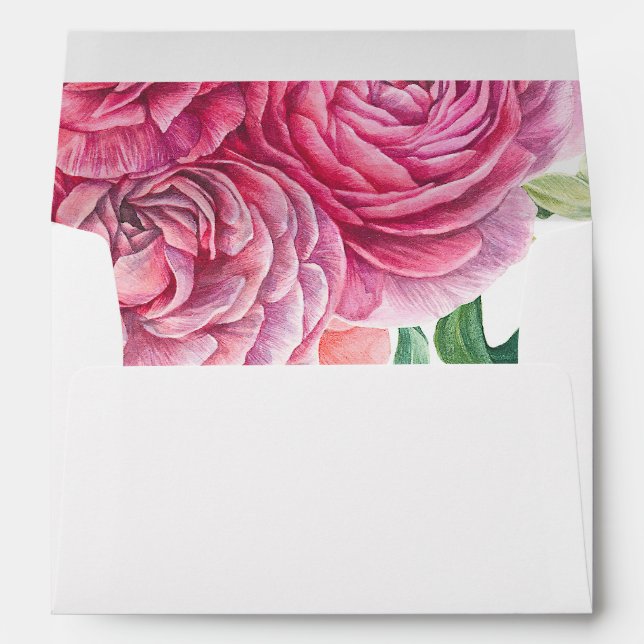 Pink Watercolor Flowers Pattern Wedding Envelope (Back (Bottom))