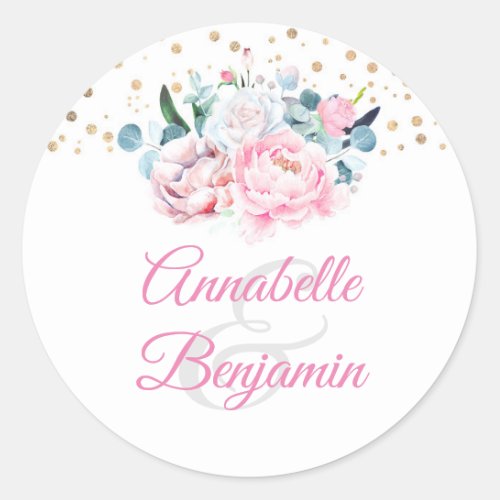 Pink Watercolor Flowers  Peony Wedding Classic Round Sticker